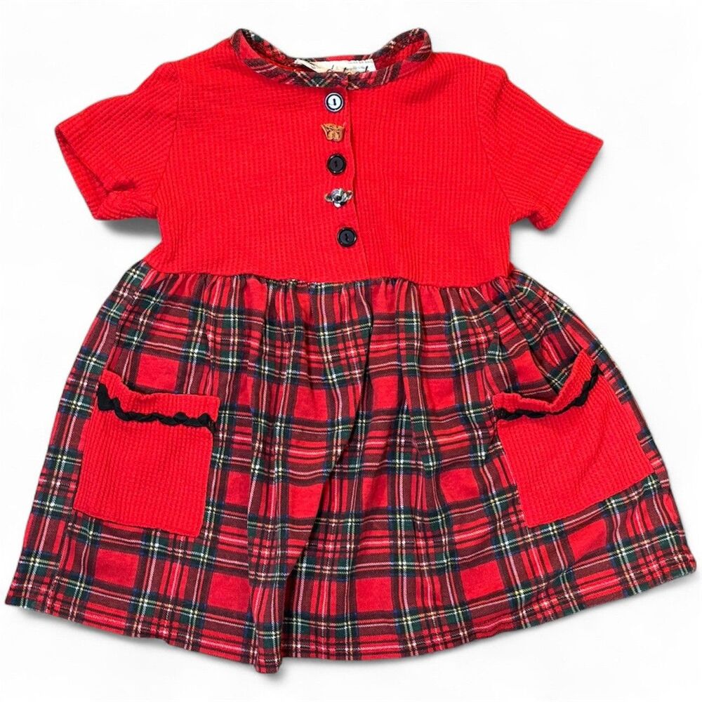 Vintage K Too Red Plaid Girls Toddler Dress Waffle Knit Christmas Holiday